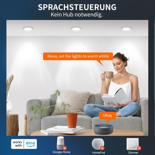 DUSKTEC LED Beépíthető Spotlámpa Alexa Vezérléshez, 7W Okos Mennyezeti Lámpa, APP és Hangvezérlés, Meleg-Nappali Fény, 6 db