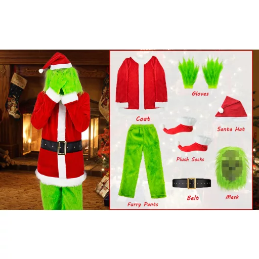 Costum Grinch pentru bărbați, set de 8 piese cu mască, mărimea 3XL - Costum verde deluxe pentru Halloween și Crăciun