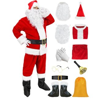   Geplaimir Mikulás Jelmez Felnőtteknek Piros Bársony Ruha Sapka Paróka Szakáll Szett