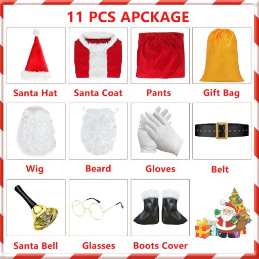 Costum de Moș Crăciun Geplaimir pentru Adulți, Set cu Haină de Catifea Roșie, Căciulă, Perucă și Barbă