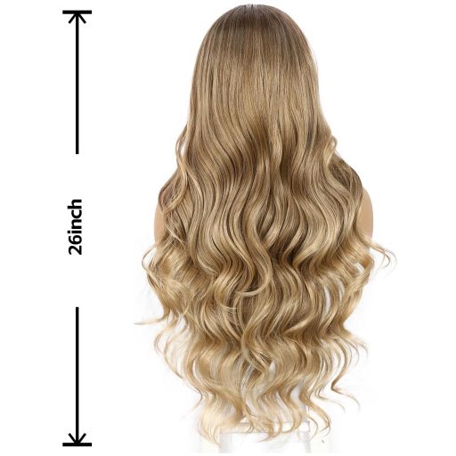 Sapphirewigs Ombre Parochne - Svetlohnedé Vlnité Syntetické Vlasy, 66 cm, Balayage Čipkovaná Parochňa, 150% Hustota, Prirodzený Vzhľad