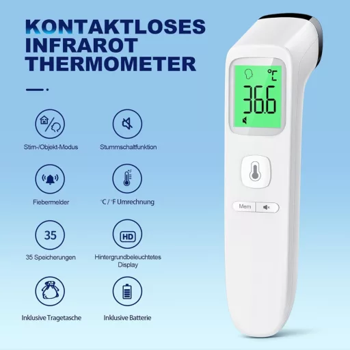 Viproud Érintésmentes Lázmérő - Digitális Infravörös Homloklázmérő Babáknak és Felnőtteknek, 1mp Mérési Idő, Láz Riasztás, 35 Memória, LCD K