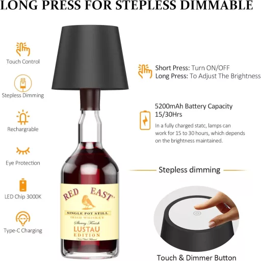 K-Bright LED Fľaša Lampa - Nabíjateľná, Dotykové ovládanie, Stmievateľná Stolná Lampa, 5200 mAh, IP54 Vodotesná, Interiér-Exteriér, 3000K