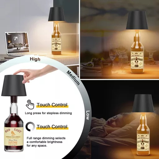 K-Bright LED Palack Lámpa - Tölthető, Érintésvezérelt, Szabályozható Fényerejű Asztali Lámpa, 5200 mAh, IP54 Vízálló, Beltéri-Kültéri, 3000K