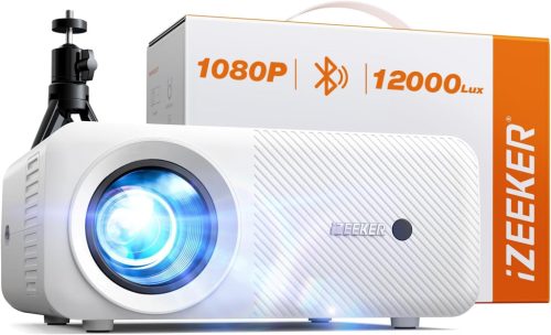 iZEEKER Mini Bluetooth Projektor 12000 Lux 1080P Felbontással, Állvánnyal - Otthoni Mozi, Kompatibilis iOS, Android, PC, HDMI, USB, PS5, Xbo