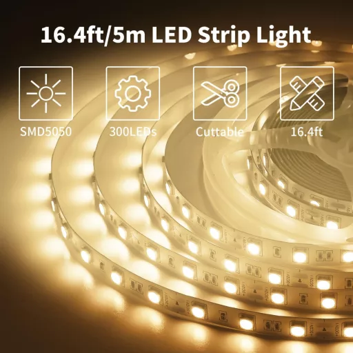 Bandă LED ShineBurky 5m alb cald 12V 300 LED SMD5050 autoadezivă flexibilă bucătărie TV decor