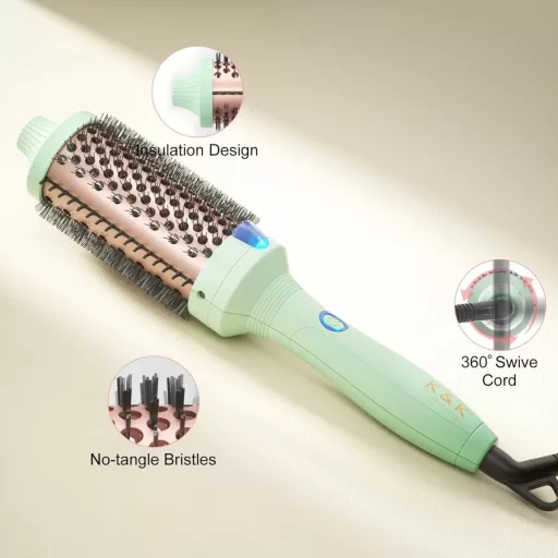 K&K Perie Termică Rotundă 45mm - Perie Profesională de Coafat Ceramică cu Tehnologie Ionică, Perie de Păr Încălzită pentru Volum, Verde