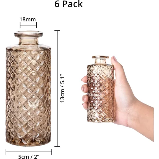 Set 6 vaze de sticlă Winter Shore Borostyán - Decor vintage cu model diamant - Vază de masă pentru flori, iarbă pampas - Premiu pentru nuntă, casă