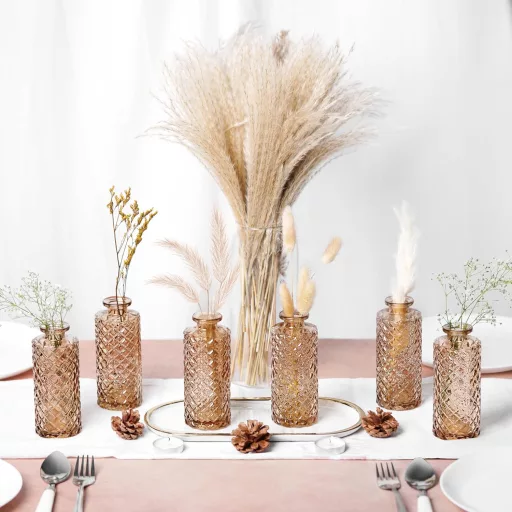 Set 6 vaze de sticlă Winter Shore Borostyán - Decor vintage cu model diamant - Vază de masă pentru flori, iarbă pampas - Premiu pentru nuntă, casă