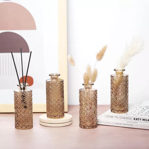 Set 6 vaze de sticlă Winter Shore Borostyán - Decor vintage cu model diamant - Vază de masă pentru flori, iarbă pampas - Premiu pentru nuntă, casă