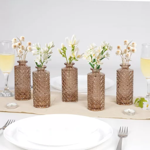 Súprava jantárových sklenených váz Winter Shore (6 ks) - Vintage dekorácia s diamantovým vzorom - Stolová váza na kvety, pampovú trávu - Svadobný, domáci darček