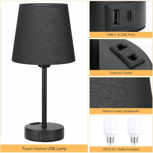 Set de 2 lămpi de masă cu senzor tactil Kakanuo, cu încărcare USB și funcție de reglare a intensității, negru