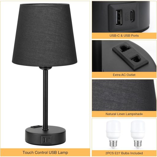 Kakanuo érintésérzékeny asztali lámpa szett 2db USB töltéssel, dimmer funkcióval, fekete