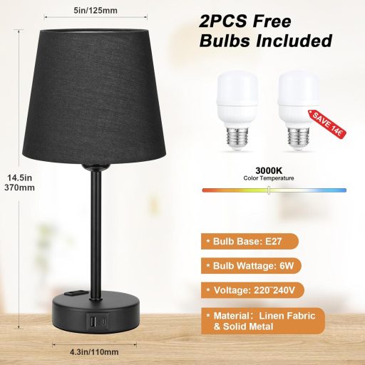 Kakanuo érintésérzékeny asztali lámpa szett 2db USB töltéssel, dimmer funkcióval, fekete