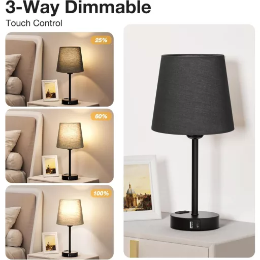 Kakanuo érintésérzékeny asztali lámpa szett 2db USB töltéssel, dimmer funkcióval, fekete