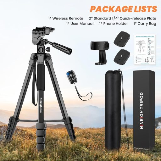 Nineigh 190 cm Alumínium Kamera Állvány - Okostelefonhoz, DSLR-hez, 360° Panoráma Fejjel, Távirányítóval, Vízszintes Fotózáshoz, Utazáshoz,