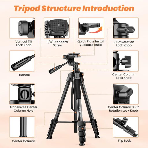 Stativ cameră Nineigh 190 cm Aluminiu - Pentru smartphone, DSLR, cu cap panoramic 360°, telecomandă, pentru fotografii orizontale, călătorii,