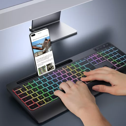 TECURS Wireless Billentyűzet Háttérvilágítással, Ergonomikus, Töltölthető, Csendes 2.4G