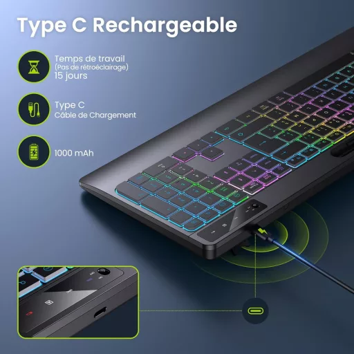 TECURS Wireless Billentyűzet Háttérvilágítással, Ergonomikus, Töltölthető, Csendes 2.4G