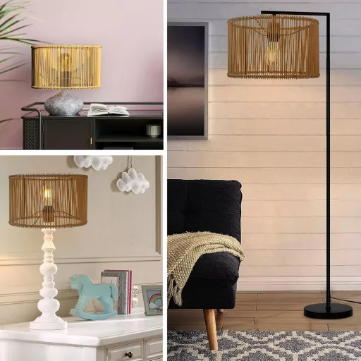 Osasy Rattan Bambusz Lámpaernyő Kerek Natúr Kézműves Asztali Fali Éjjeliszekrény Lámpa