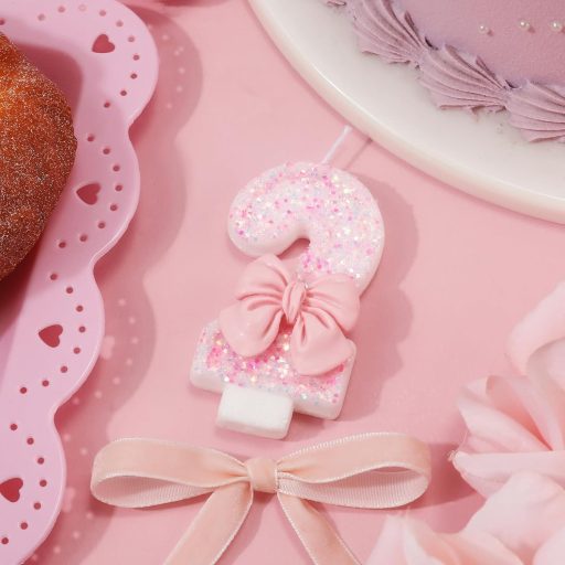 XIHIRCD Ružičasta Svjećica Broj 0-9 - 7,5 cm Visoka Rođendanska Svjećica za Tortu s Mašnom - Za Godišnjice, Zabave, Proslave - Izrađena od Voska