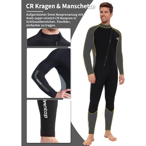 Owntop 5mm neoprén búvárkodási ruha férfiaknak és nőknek - elülső cipzárral, hosszú ujjal, UPF50+ védelemmel