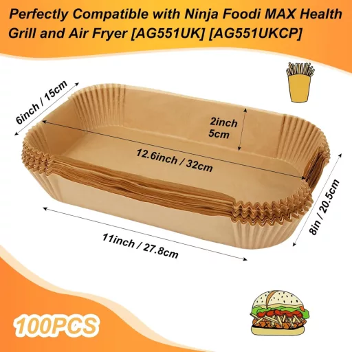 BYKITCHEN Sütőpapír Ninja Foodi MAX Grillhez és Airfryerhez - 100db Tapadásmentes Légkeveréses Sütőlap AG551EU Modellhez, 27,8×15cm