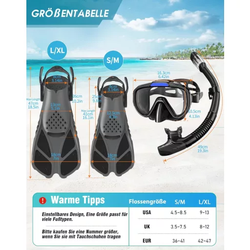 Set de scufundări 3 în 1 Lealinga cu labe de înot reglabile, mască anti-scurgeri și snorkel uscat