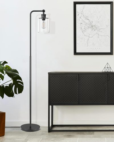 EDISHINE Lampă de podea cu abajur rotativ din sticlă - Lampă industrială de podea neagră cu întrerupător de picior, soclu E27, bec LED de 6W pentru living, birou