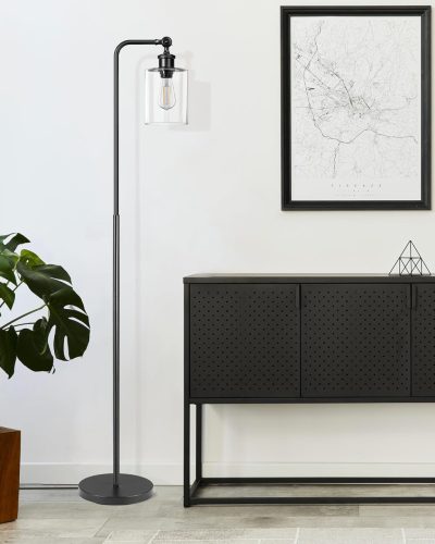 EDISHINE Állólámpa Forgatható Üveg Búrával - Fekete Ipari Padlólámpa Lábkapcsolóval, E27 Foglalattal, 6W LED Izzóval Nappaliba, Dolgozószobá