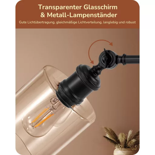EDISHINE Stojacia lampa s otočným skleneným tienidlom - Čierna priemyselná podlahová lampa s nožným vypínačom, päticou E27 a 6W LED žiarovkou do obývačky, pracovne