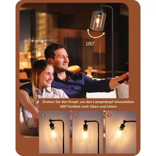 EDISHINE Stojacia lampa s otočným skleneným tienidlom - Čierna priemyselná podlahová lampa s nožným vypínačom, päticou E27 a 6W LED žiarovkou do obývačky, pracovne