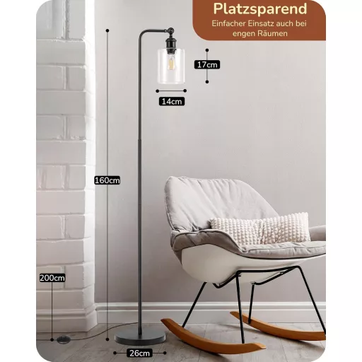 EDISHINE Állólámpa Forgatható Üveg Búrával - Fekete Ipari Padlólámpa Lábkapcsolóval, E27 Foglalattal, 6W LED Izzóval Nappaliba, Dolgozószobá