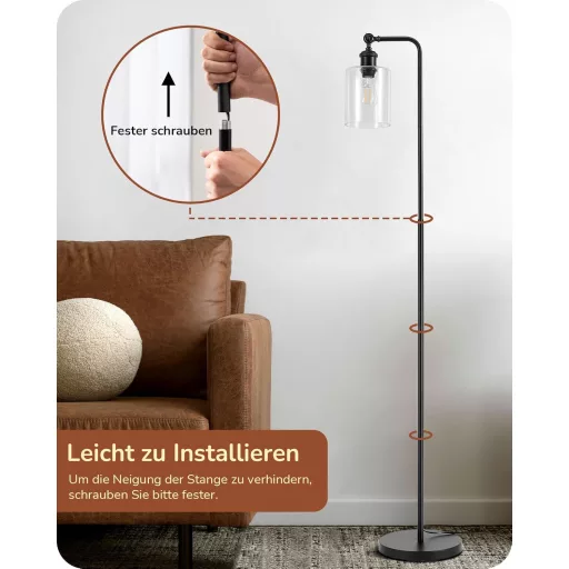 EDISHINE Stojacia lampa s otočným skleneným tienidlom - Čierna priemyselná podlahová lampa s nožným vypínačom, päticou E27 a 6W LED žiarovkou do obývačky, pracovne