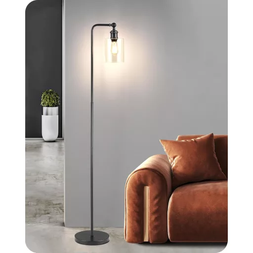 EDISHINE Állólámpa Forgatható Üveg Búrával - Fekete Ipari Padlólámpa Lábkapcsolóval, E27 Foglalattal, 6W LED Izzóval Nappaliba, Dolgozószobá