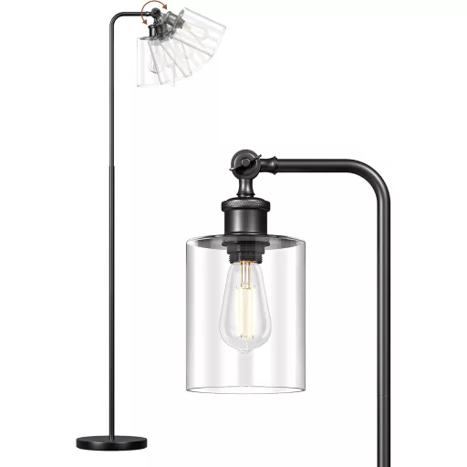 EDISHINE Stojacia lampa s otočným skleneným tienidlom - Čierna priemyselná podlahová lampa s nožným vypínačom, päticou E27 a 6W LED žiarovkou do obývačky, pracovne