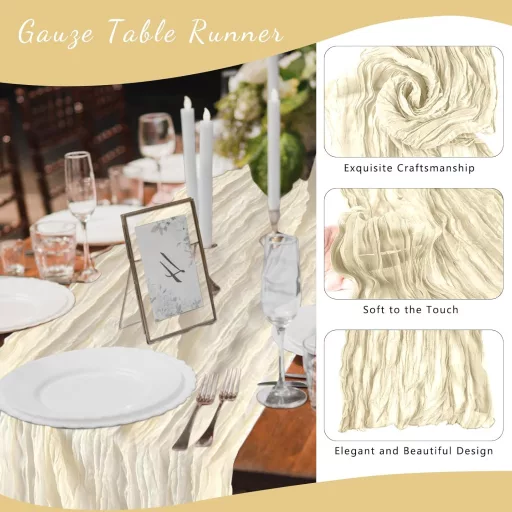 BOUBONI Bézs Cheesecloth Asztali Futó 90x300cm Boho Gáz Esküvő Születésnap