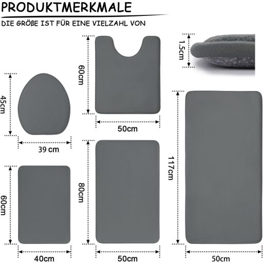 Chakme 5-dielna kúpeľňová súprava, koberčeky z pamäťovej peny a predložka k WC, protišmyková, prateľná, tmavosivá