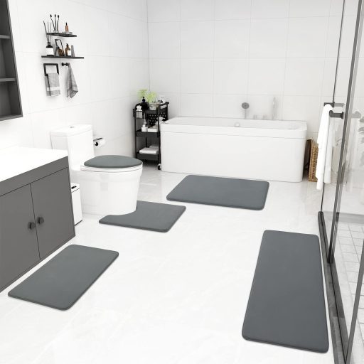 Set de 5 piese covorașe pentru baie, covoraș de baie cu spumă cu memorie și covoraș pentru capacul de toaletă, antiderapant, lavabil, gri închis