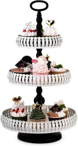 ZYOOO Suport de tort metalic vintage, alb, cu 3 nivele - Platou de desert pentru evenimente nuntă - Suport elegant pentru cupcake-uri