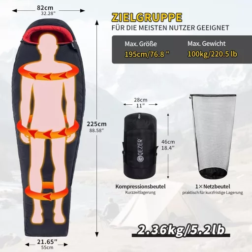 QEZER 650-es lúddaun téli hálózsák -30°C-ig, kempingezéshez és hegymászáshoz