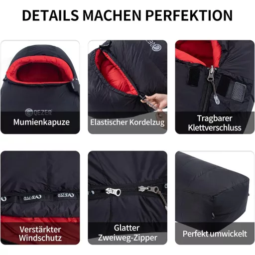 Sac de dormit de iarnă QEZER 650 cu puf de gâscă, până la -30°C, pentru camping și alpinism