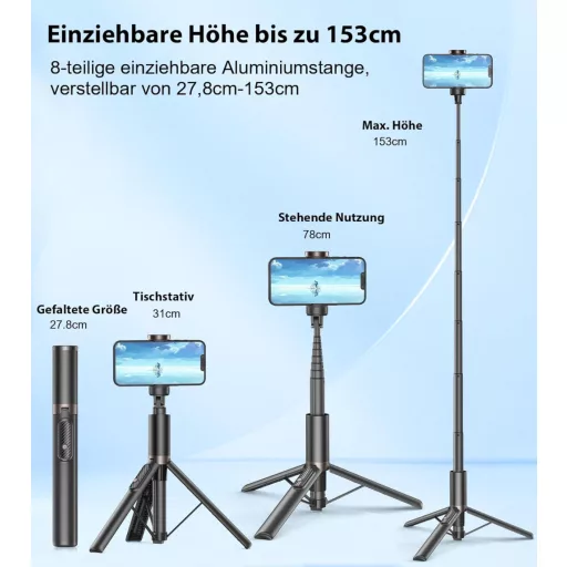TONEOF Trepied Selfie Rotativ de 153cm cu Telecomandă - Compatibil iPhone și Android
