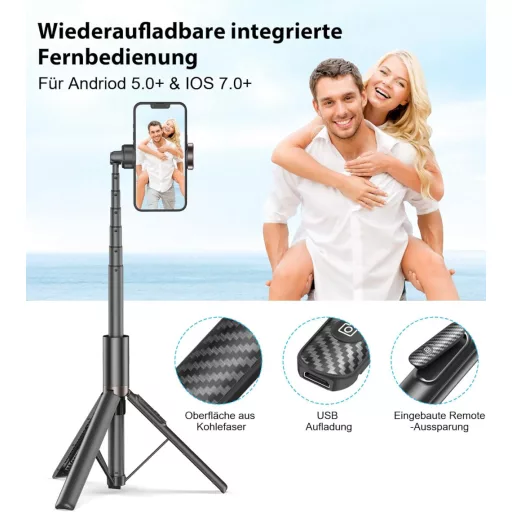 TONEOF Trepied Selfie Rotativ de 153cm cu Telecomandă - Compatibil iPhone și Android