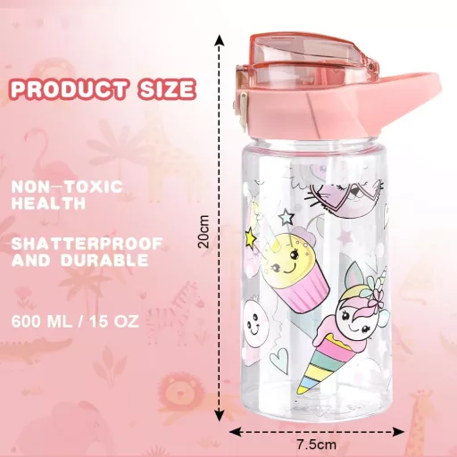 flintronic Gyermek Kulacs 500ml - BPA-mentes Szívószálas Ivópalack Szivárgásmentes Fedéllel, Rózsaszín Sportpalack Iskolába, Kiránduláshoz