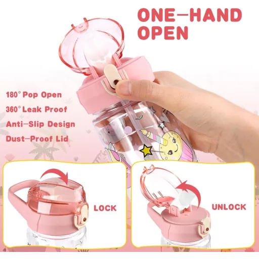 flintronic Gyermek Kulacs 500ml - BPA-mentes Szívószálas Ivópalack Szivárgásmentes Fedéllel, Rózsaszín Sportpalack Iskolába, Kiránduláshoz