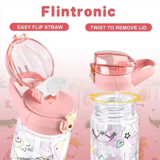 flintronic Gyermek Kulacs 500ml - BPA-mentes Szívószálas Ivópalack Szivárgásmentes Fedéllel, Rózsaszín Sportpalack Iskolába, Kiránduláshoz