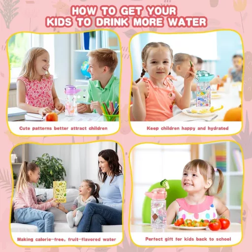 flintronic Gyermek Kulacs 500ml - BPA-mentes Szívószálas Ivópalack Szivárgásmentes Fedéllel, Rózsaszín Sportpalack Iskolába, Kiránduláshoz