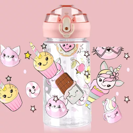 flintronic Gyermek Kulacs 500ml - BPA-mentes Szívószálas Ivópalack Szivárgásmentes Fedéllel, Rózsaszín Sportpalack Iskolába, Kiránduláshoz