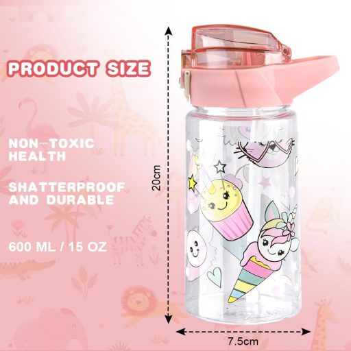 flintronic Sticlă de apă pentru copii 500ml - Bidon cu pai fără BPA, capac etanș, sticlă sport roz pentru școală, excursii